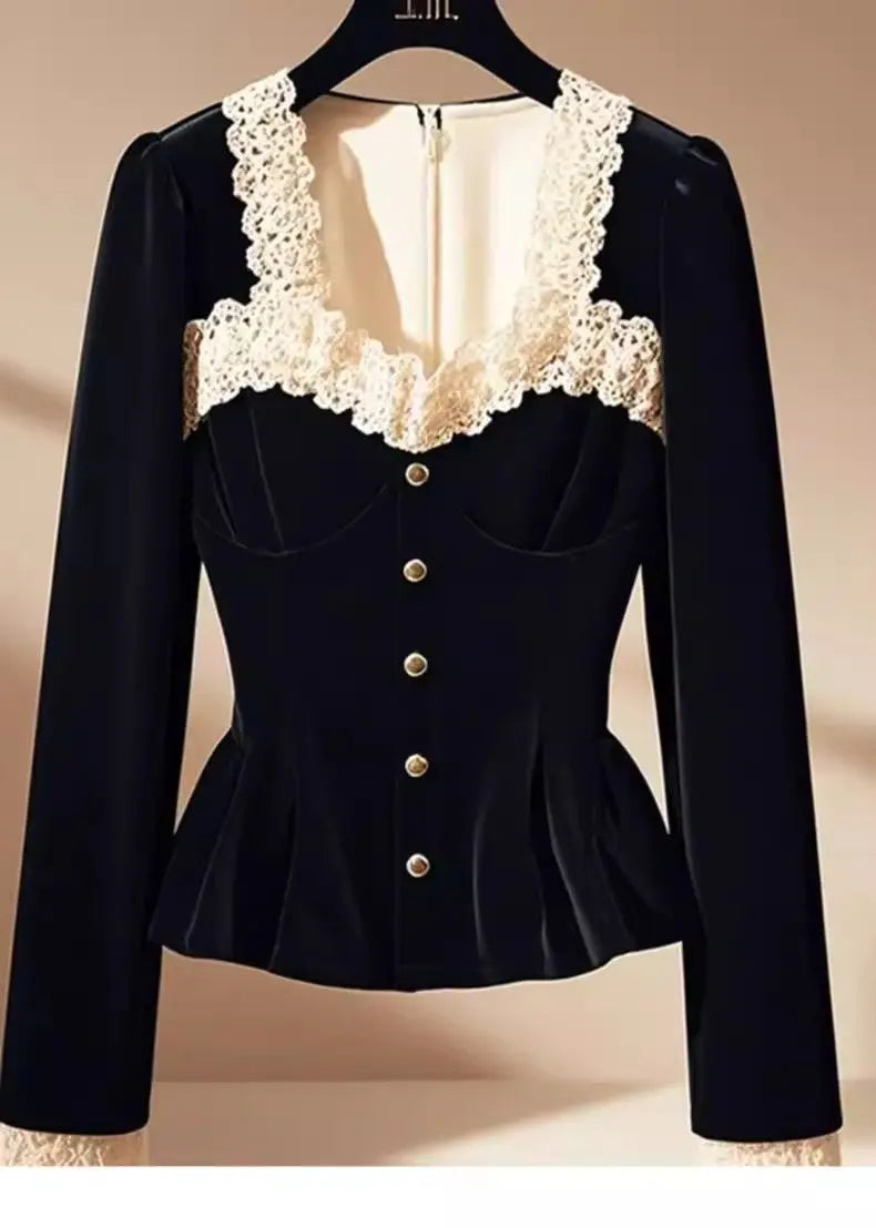 Blusas de retazos de encaje de estilo francés Vintage con estilo para mujer, camisas ajustadas elegantes de lujo con cuello cuadrado, Tops negros de manga larga
