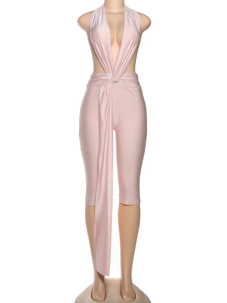Strange Cat Patchwork Halter Romper Women Sleeveless Ribbon Elastic Backless Workout Activewear Midnight Activity Skinny Jumpsuits