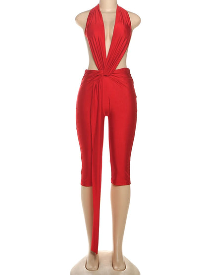 Strange Cat Patchwork Halter Romper Women Sleeveless Ribbon Elastic Backless Workout Activewear Midnight Activity Skinny Jumpsuits