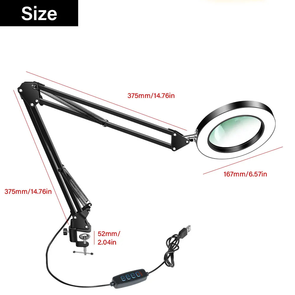 Lupa LED 72 Luces con Brazo Articulado – Aumento 8X/10X, 3 Modos de Color, USB