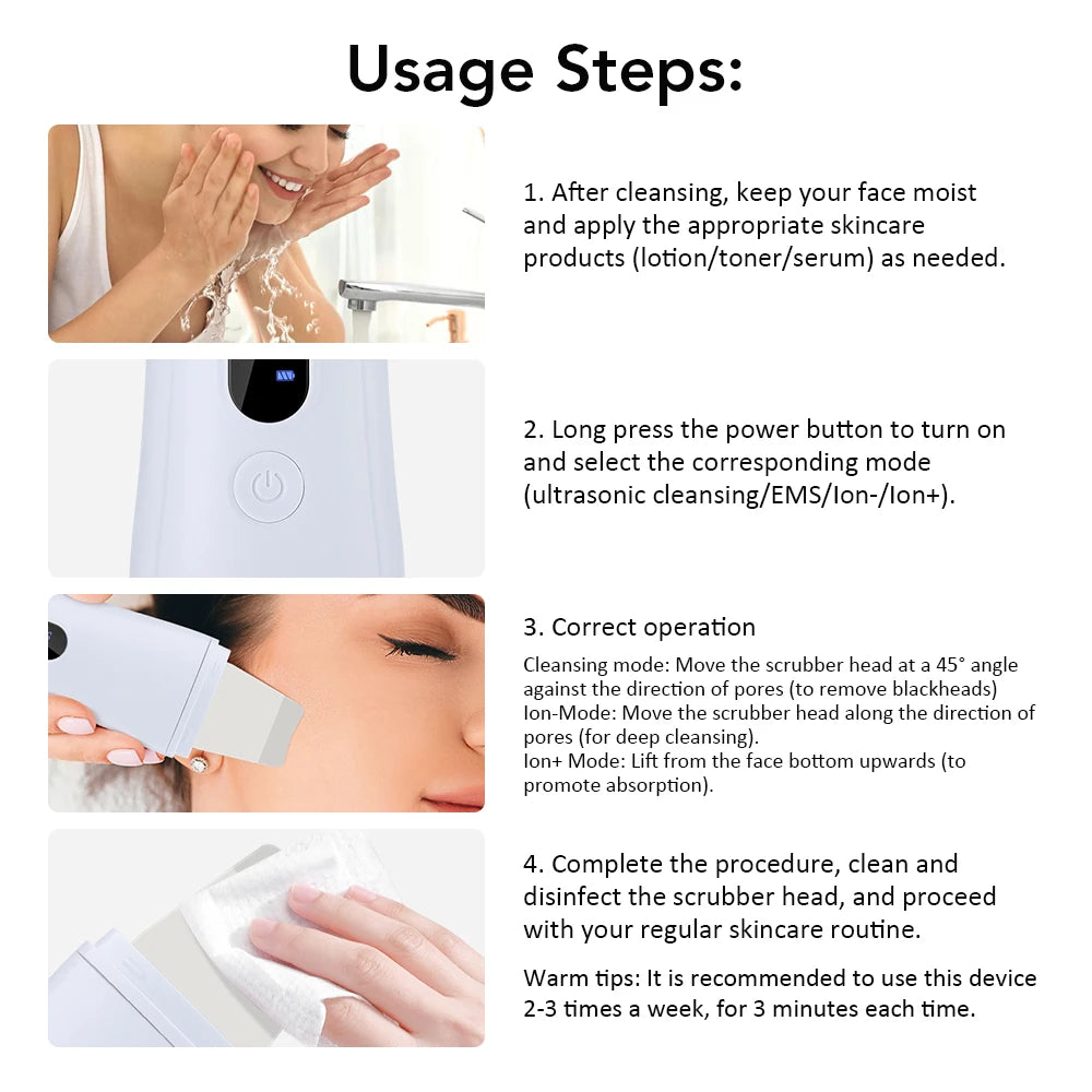 Depurador ultrasónico de la piel, espátula para la piel, limpieza Facial profunda de iones, 4 modos de levantamiento Facial, limpiador ultrasónico, dispositivo de cuidado de la piel