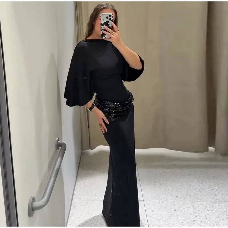 Women's Sequin Patchwork Backless Maxi Dress, Elegant Wide-Sleeved Long Dresses, New Fashion Female Dresses for Evening Party, Daily Gowns