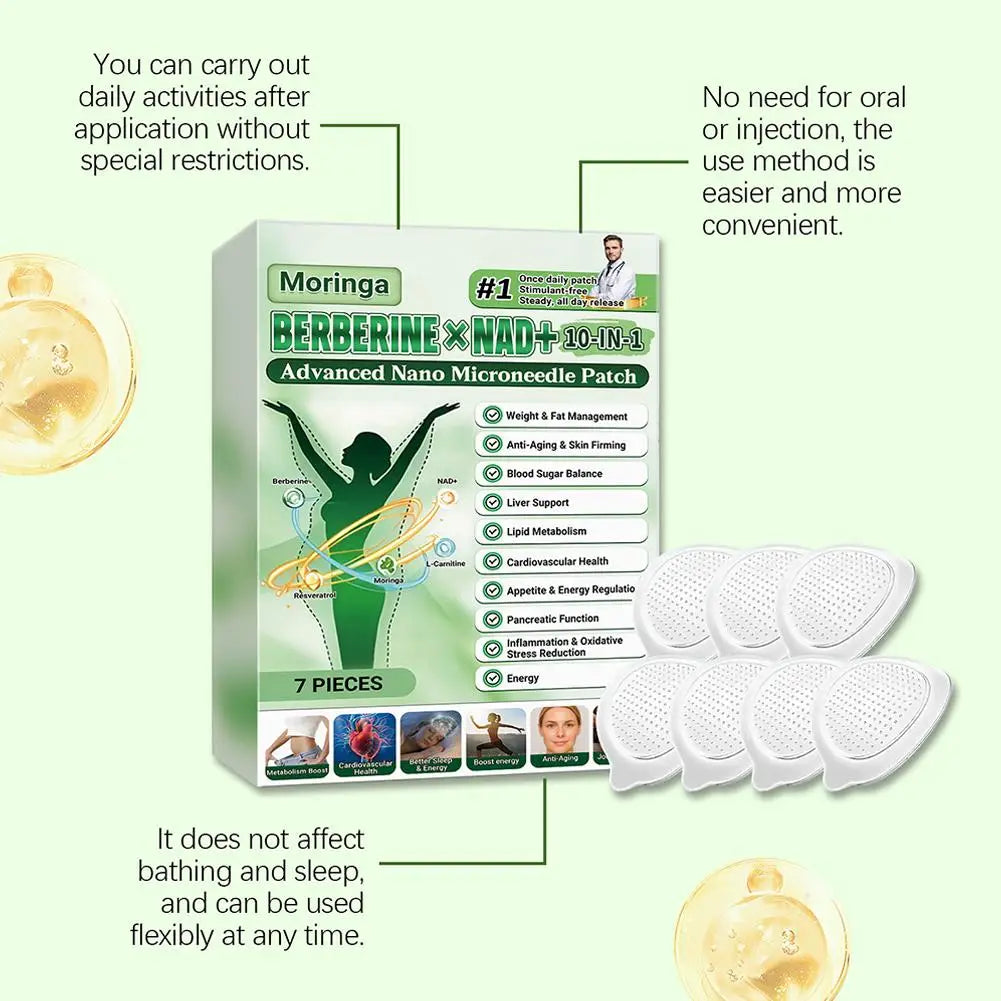 7 pieces/box, 10-in-1, Moringa Microneedle Patch with Berberine & NAD+ for Body Shaping, Adhesive for Women and Men