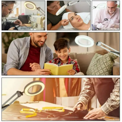 Lupa LED 72 Luces con Brazo Articulado – Aumento 8X/10X, 3 Modos de Color, USB
