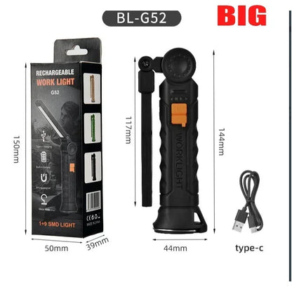 Portable COB LED Lantern, USB Rechargeable Work Light, Magnetic Hanging Lamp with Built-in Battery, Camping Flashlight