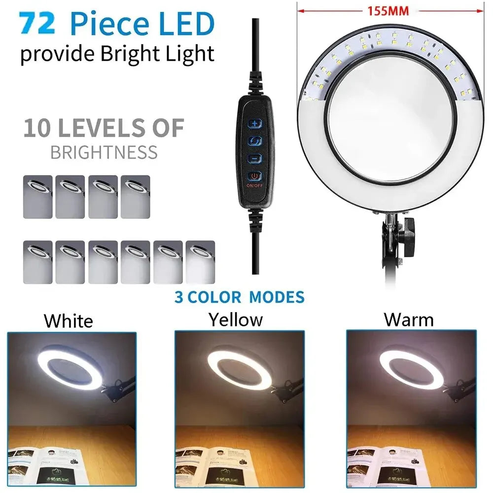 Lupa LED 72 Luces con Brazo Articulado – Aumento 8X/10X, 3 Modos de Color, USB