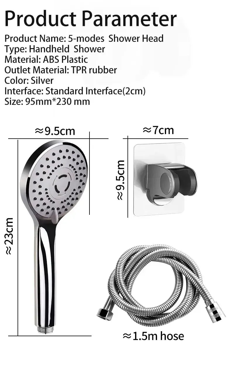 Pressurized Handheld Shower Head Set for Bathroom, Shower Nozzle, Large Water Outlet, 5 Modes, Universal Fit, Water Saving