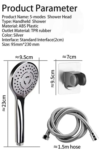 Pressurized Handheld Shower Head Set for Bathroom, Shower Nozzle, Large Water Outlet, 5 Modes, Universal Fit, Water Saving