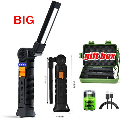 Portable COB LED Lantern, USB Rechargeable Work Light, Magnetic Hanging Lamp with Built-in Battery, Camping Flashlight