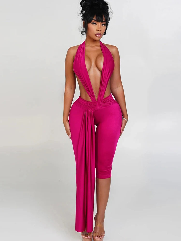 Strange Cat Patchwork Halter Romper Women Sleeveless Ribbon Elastic Backless Workout Activewear Midnight Activity Skinny Jumpsuits