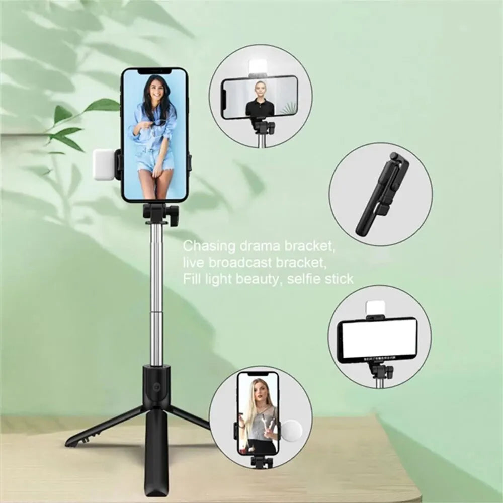 Portable tripod support with Bluetooth Selfie stick, fill light with remote shutter, extendable wireless remote retractable phone holder