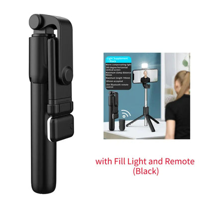 Portable tripod support with Bluetooth Selfie stick, fill light with remote shutter, extendable wireless remote retractable phone holder
