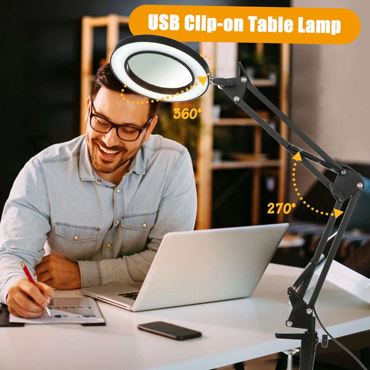 Lupa LED 72 Luces con Brazo Articulado – Aumento 8X/10X, 3 Modos de Color, USB