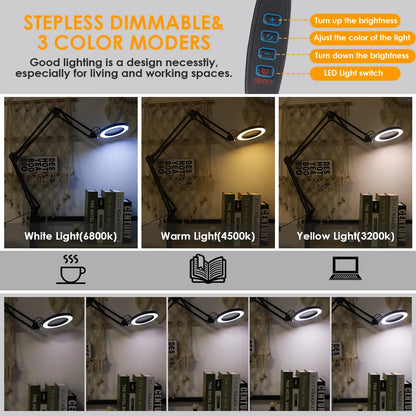 Lupa LED 72 Luces con Brazo Articulado – Aumento 8X/10X, 3 Modos de Color, USB
