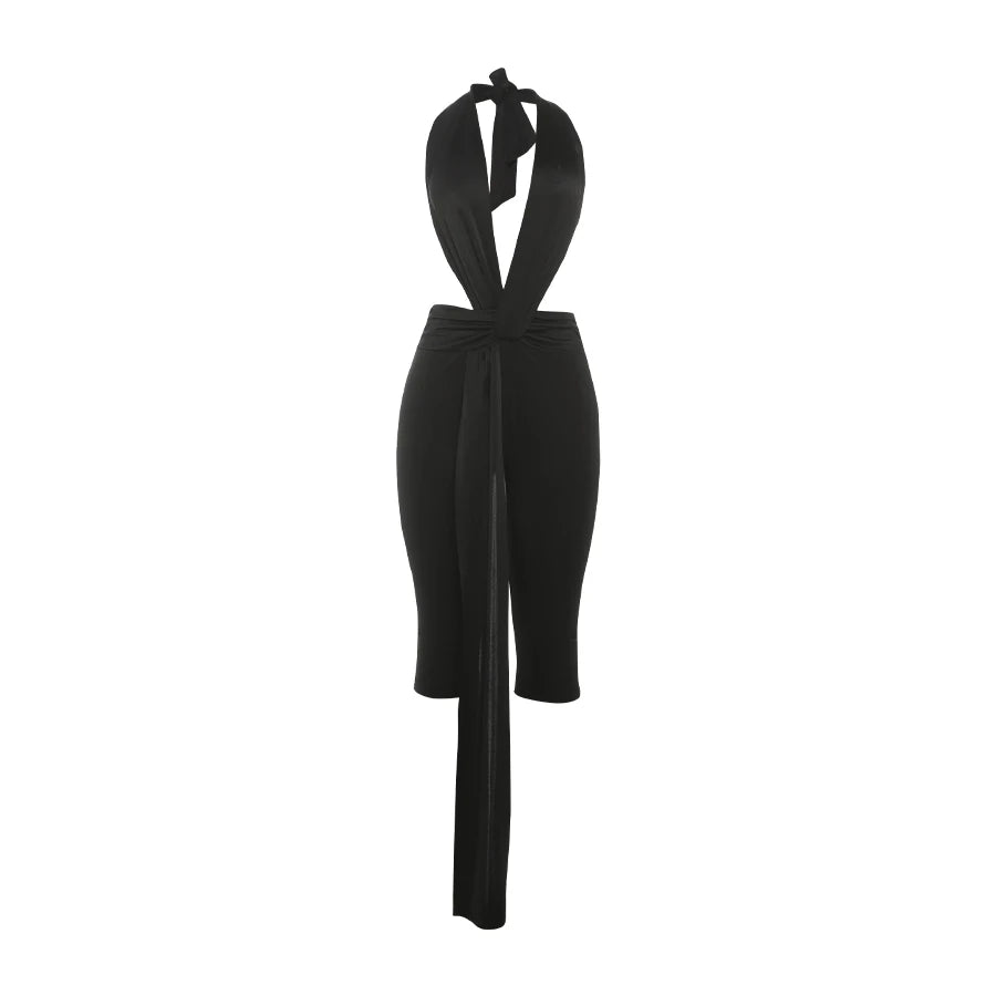 Strange Cat Patchwork Halter Romper Women Sleeveless Ribbon Elastic Backless Workout Activewear Midnight Activity Skinny Jumpsuits