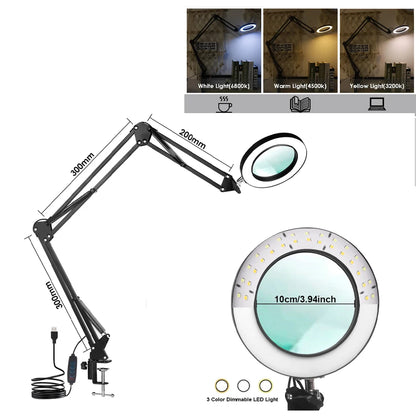 Lupa LED 72 Luces con Brazo Articulado – Aumento 8X/10X, 3 Modos de Color, USB