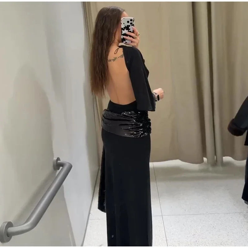 Women's Sequin Patchwork Backless Maxi Dress, Elegant Wide-Sleeved Long Dresses, New Fashion Female Dresses for Evening Party, Daily Gowns