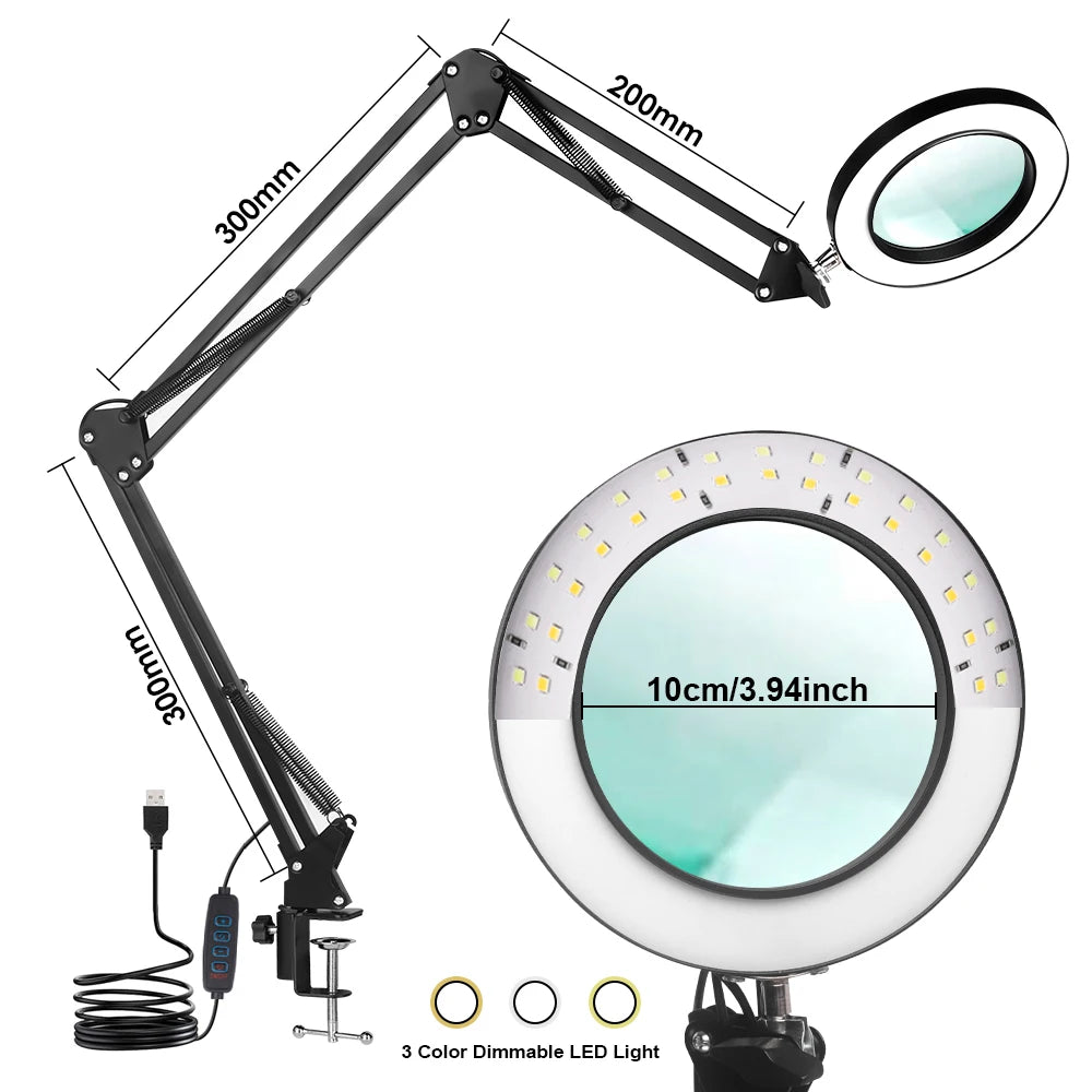 Lupa LED 72 Luces con Brazo Articulado – Aumento 8X/10X, 3 Modos de Color, USB