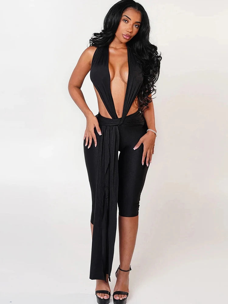 Strange Cat Patchwork Halter Romper Women Sleeveless Ribbon Elastic Backless Workout Activewear Midnight Activity Skinny Jumpsuits