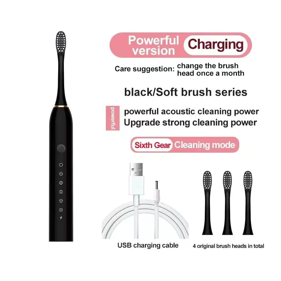 Cepillo de dientes eléctrico ultrasónico, modo de seis velocidades, pelo suave para el hogar, carga USB, limpiador de dientes impermeable para adultos, juego automático para parejas