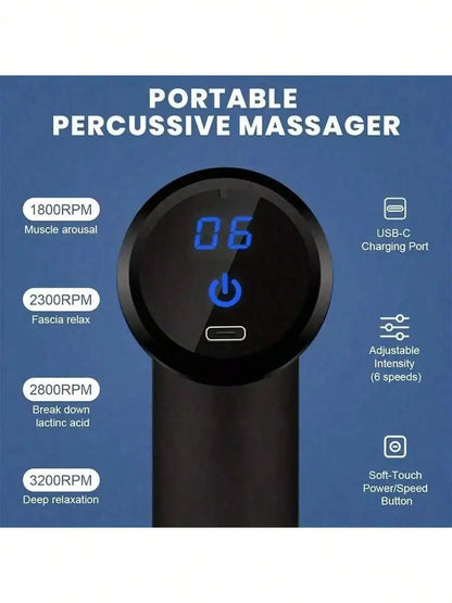 Mini Pistola de Masaje Eléctrica Portátil | 6 Velocidades, Pantalla LCD y 4 Cabezales