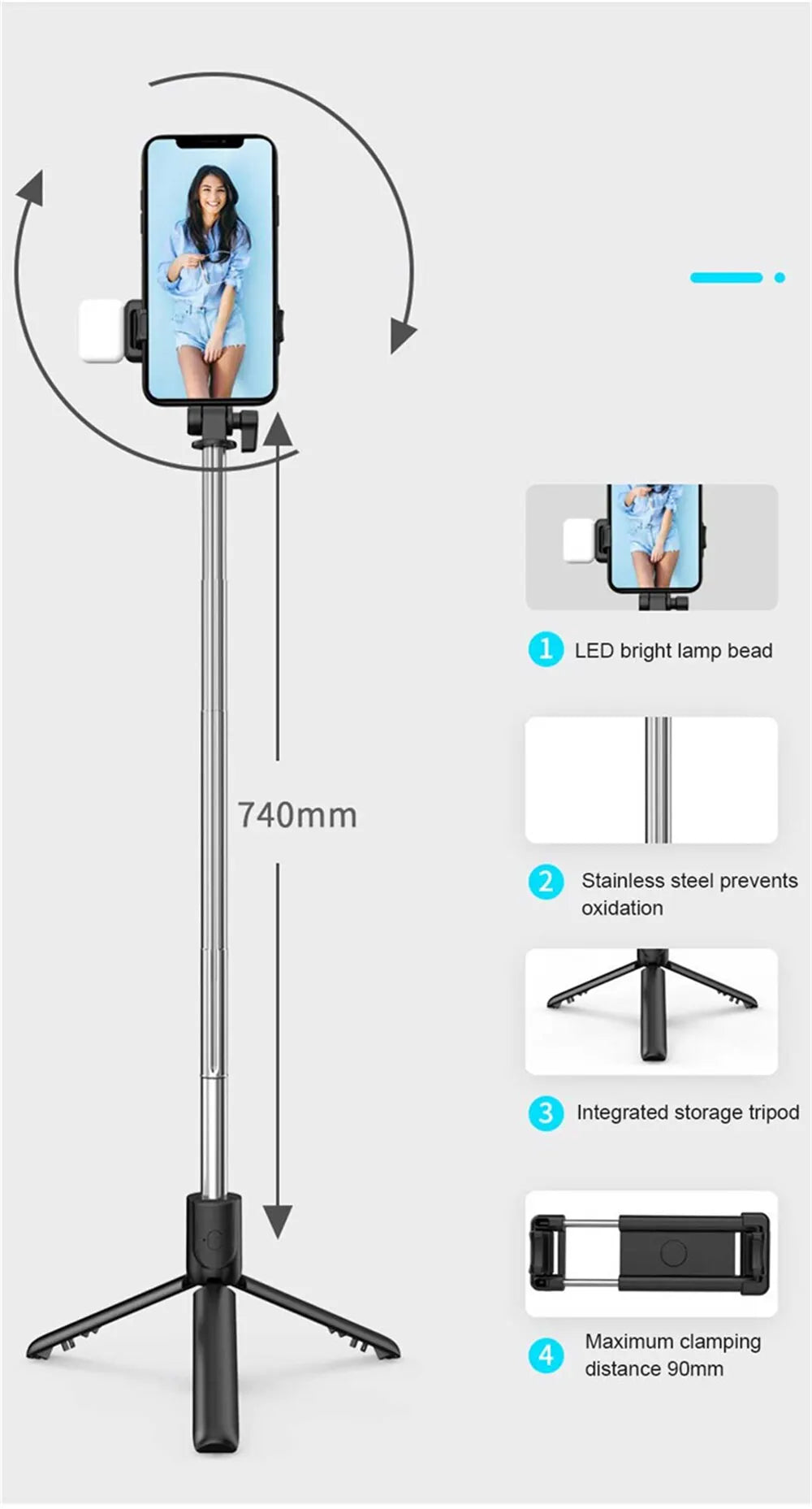New Bluetooth Selfie Stick, Mobile Phone Holder, Multifunctional Portable Retractable Mini Tripod with Wireless Remote Shutter