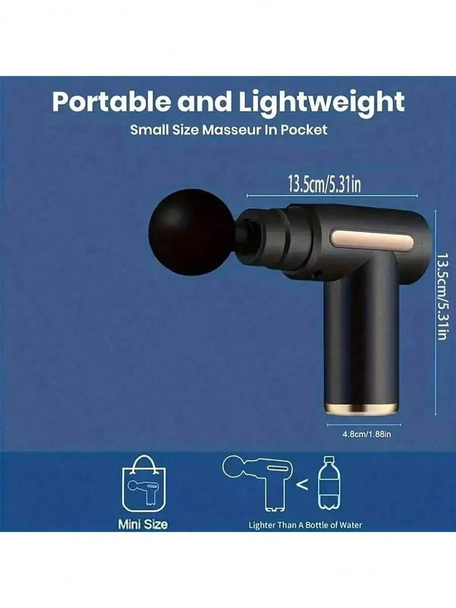 Mini Pistola de Masaje Eléctrica Portátil | 6 Velocidades, Pantalla LCD y 4 Cabezales
