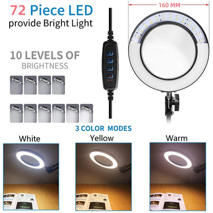 Lupa LED 72 Luces con Brazo Articulado – Aumento 8X/10X, 3 Modos de Color, USB