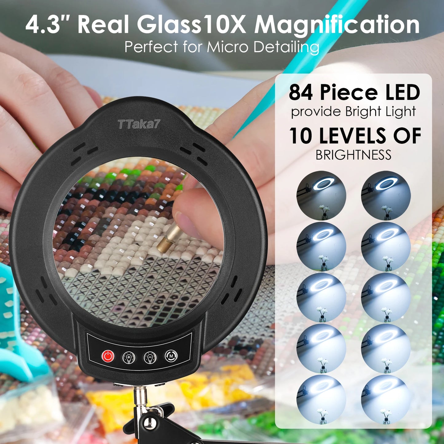 Lupa LED 72 Luces con Brazo Articulado – Aumento 8X/10X, 3 Modos de Color, USB