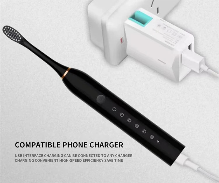 Cepillo de dientes eléctrico ultrasónico, modo de seis velocidades, pelo suave para el hogar, carga USB, limpiador de dientes impermeable para adultos, juego automático para parejas