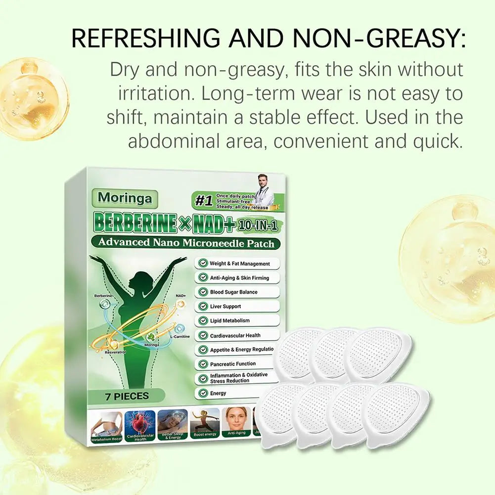 7 pieces/box, 10-in-1, Moringa Microneedle Patch with Berberine & NAD+ for Body Shaping, Adhesive for Women and Men