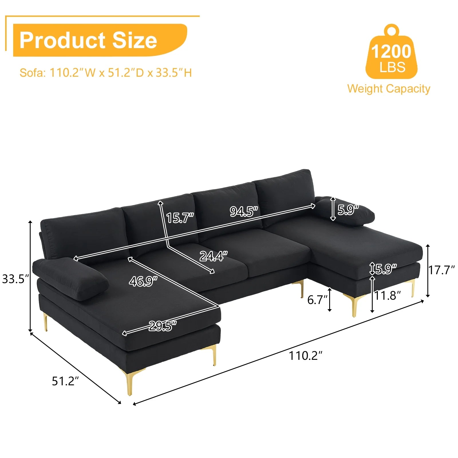 Sofá Seccional, Juego De Sofá Convertible En Forma De U Con Tela De Lino Suave, Sofá Cama Con Chaise Para Sala De Estar 4 Asientos Negro