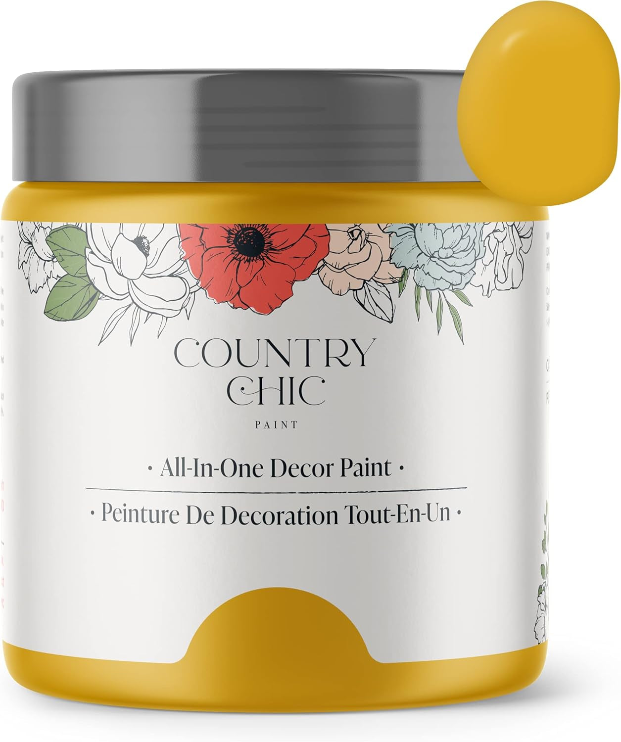 Country Chic All-In-One Chalk Paint for Furniture, Cabinets, Home Decor, Eco-Friendly, Matte Finish, Built-In Primer & Top Coat for Wood, Metal - Fresh Mustard (Mustard Yellow) - Pint 16 Oz (475 Ml)
