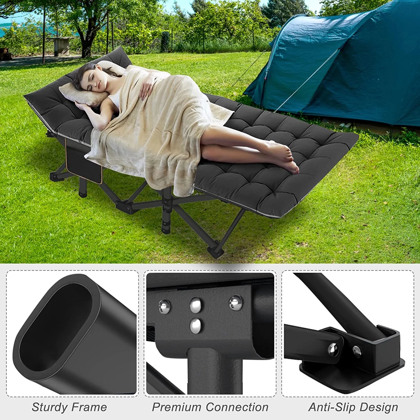 Folding Camping Cots for Adults 880Lbs, 2 Pack 28" Extra Wide Sturdy Sleeping Cot, Folding Rollaway Guest Bed with 3.3 Inch 2 Sided Mattress & Carry Bag