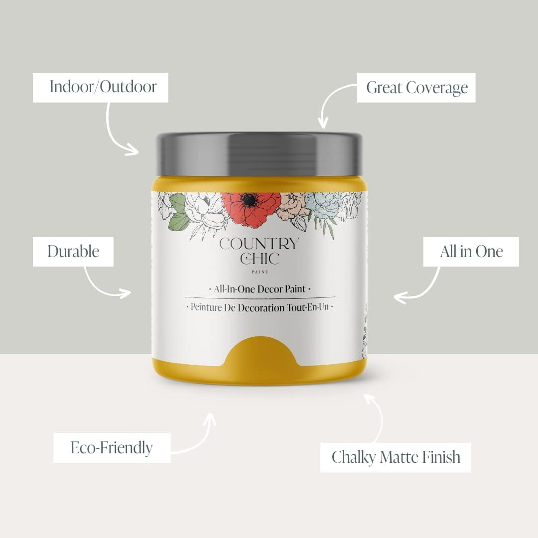 Country Chic All-In-One Chalk Paint for Furniture, Cabinets, Home Decor, Eco-Friendly, Matte Finish, Built-In Primer & Top Coat for Wood, Metal - Fresh Mustard (Mustard Yellow) - Pint 16 Oz (475 Ml)
