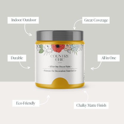 Country Chic All-In-One Chalk Paint for Furniture, Cabinets, Home Decor, Eco-Friendly, Matte Finish, Built-In Primer & Top Coat for Wood, Metal - Fresh Mustard (Mustard Yellow) - Pint 16 Oz (475 Ml)