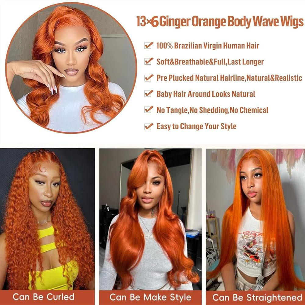 26 Inch Ginger Wig Human Hair Body Wave Ginger Orange 13X6 Lace Front Wigs Human Hair Pre Plucked 180 Density 350# Colored Glueless 13X6 HD Lace Frontal Wig Human Hair for Women
