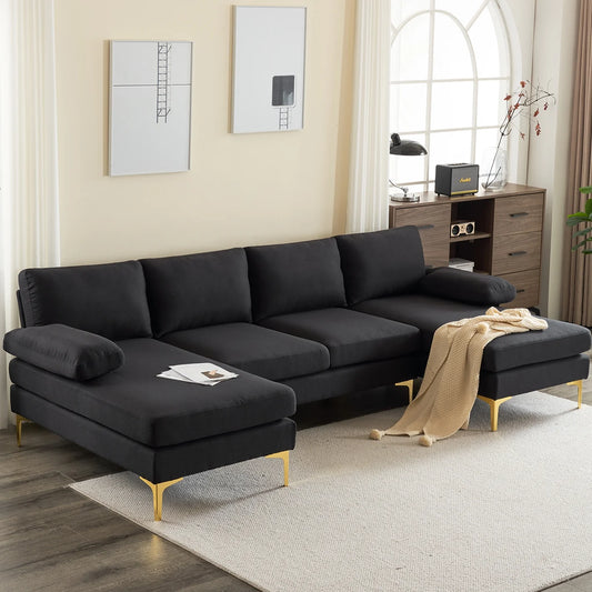 Sofá Seccional, Juego De Sofá Convertible En Forma De U Con Tela De Lino Suave, Sofá Cama Con Chaise Para Sala De Estar 4 Asientos Negro