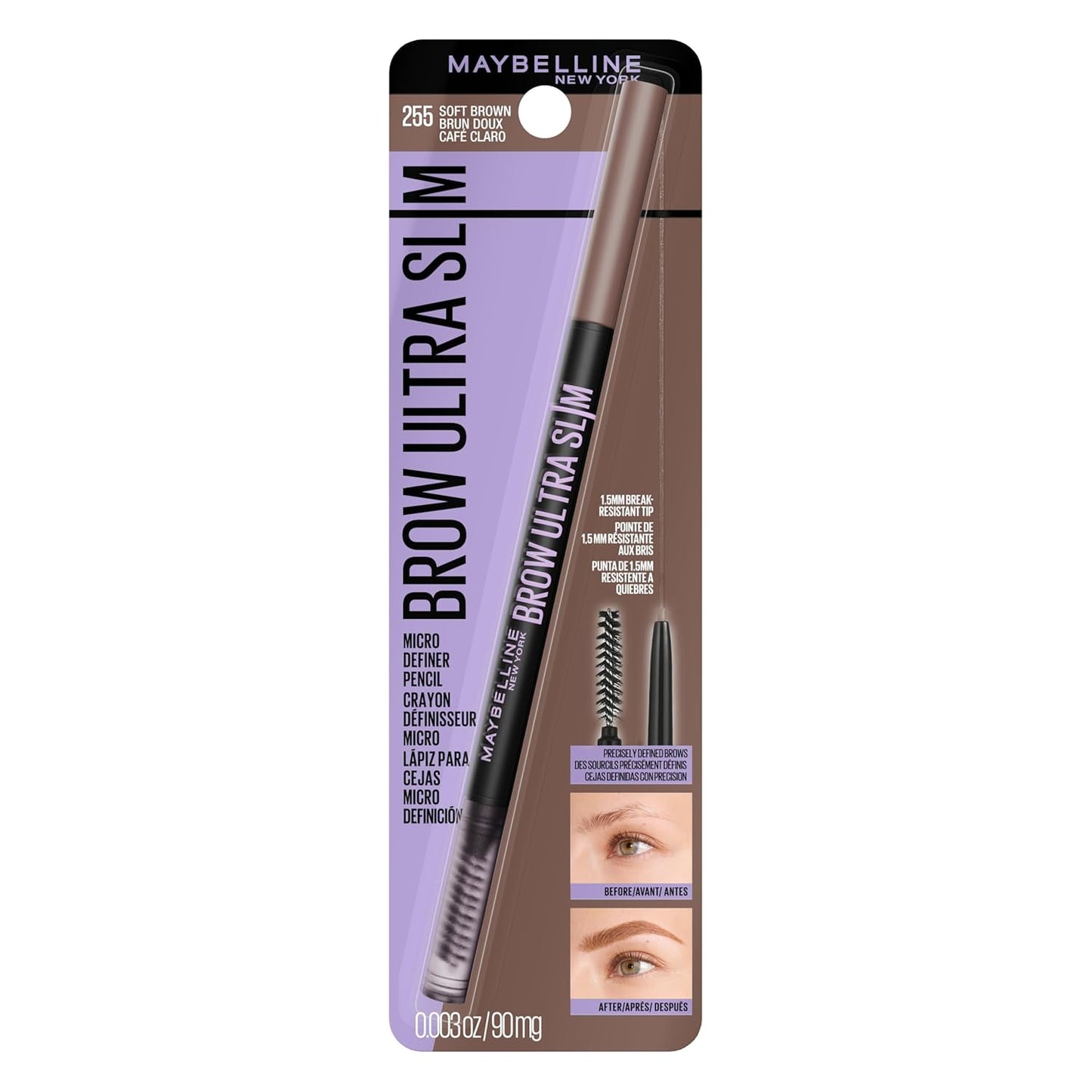 Maybelline Express Brow Ultra Slim Eyebrow Makeup, Brow Pencil with Precision Tip and Spoolie for Defined Eyebrows, Soft Brown, 1 Count (Packaging May Vary)