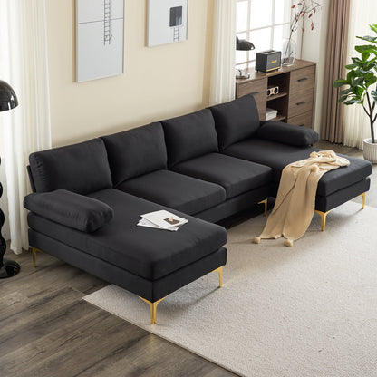 Sofá Seccional, Juego De Sofá Convertible En Forma De U Con Tela De Lino Suave, Sofá Cama Con Chaise Para Sala De Estar 4 Asientos Negro