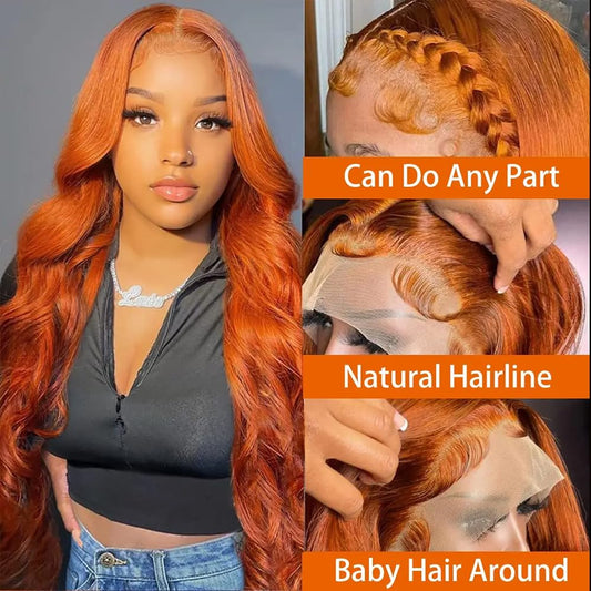26 Inch Ginger Wig Human Hair Body Wave Ginger Orange 13X6 Lace Front Wigs Human Hair Pre Plucked 180 Density 350# Colored Glueless 13X6 HD Lace Frontal Wig Human Hair for Women